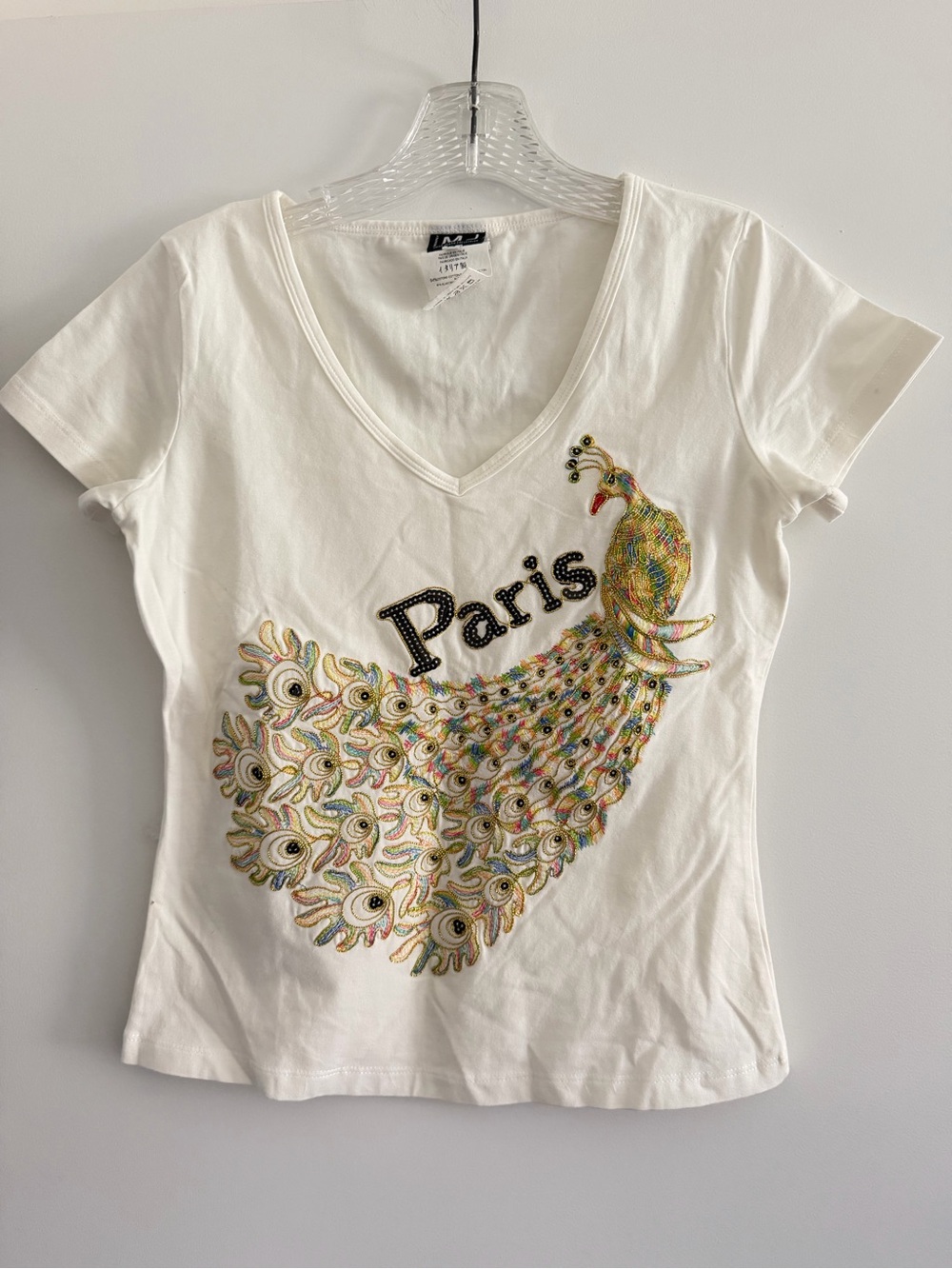 White V-Neck Tee with Multicolor Embellished Peacock and 'Paris'